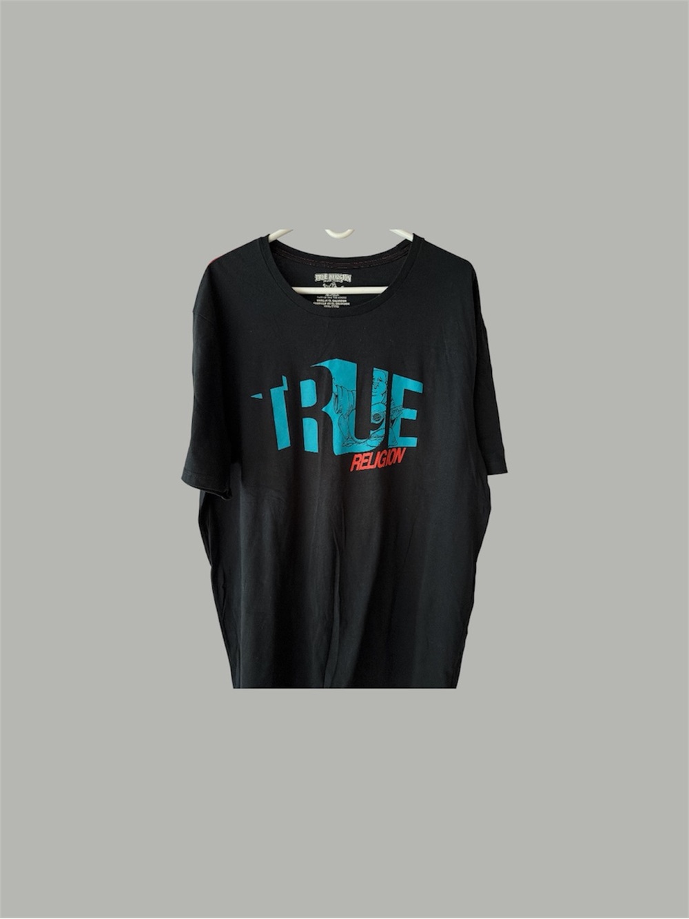 True Religion Black Tee with Teal Logo and Red Accent